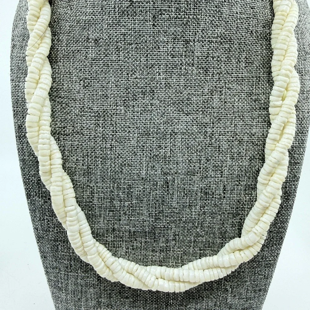White Puka Shell Heishi Bead Necklace Triple Strand Twisted Boho Coastal Beach